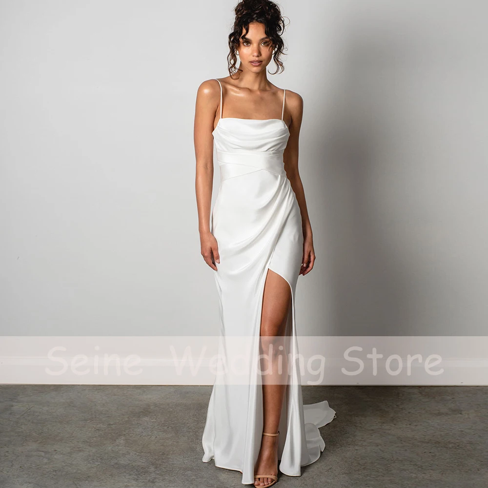 Eleglant Satin Wedding Dresses 2021 Sexy Spaghetti Straps Square Collar  Gowns Mermaid Split Bridal Dress robe de mariée