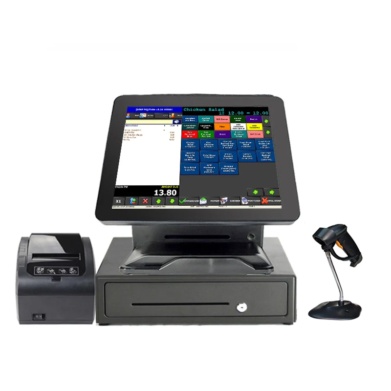 Whole set  All In One 15 inch touchble clear screen pos system hardware for commercial shop Point Of Sales