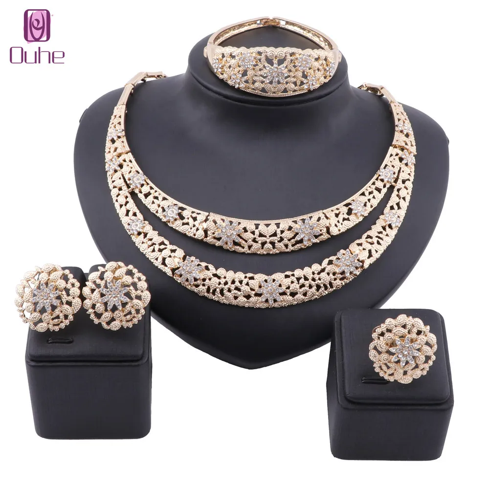 African Dubai Gold Color Bridal Jewelry Sets for Women Bangle Earrings Wedding Party Crystal Necklace Ring Jewelry Sets