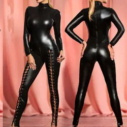 Sexy mulher preto mangas compridas bodysuit macacão rendas até couro dança catsuit completo oco para fora