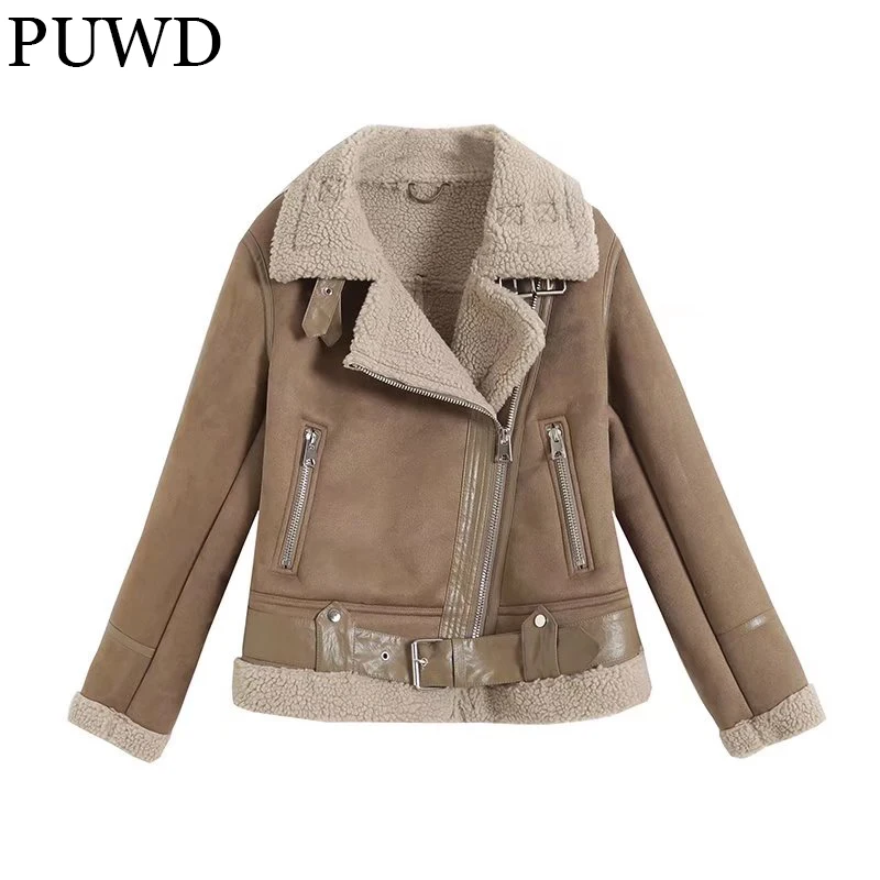 PUWD Loose Women Faux Fur Leather Fur One Coat 2021 Winter Motorcycle Cool Streetwear Retro Lapel Warm Chic Female Thick Outwear