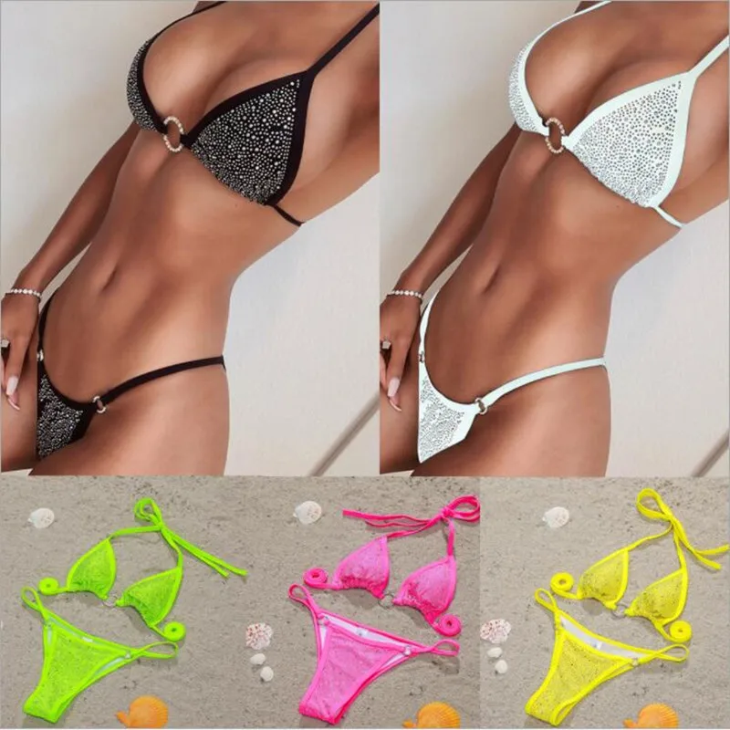 2021 Sexy Bikini Set Swimsuit Diamond Shining Bling Stone Monikini Padded Biquini Beach Wear Swimming Suit Swimwear