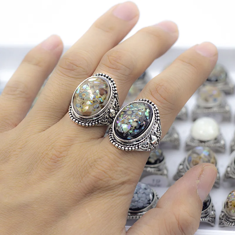 20 Pcs/Lot Vintage Natural Shell Rings for Men Wholesale Jewelry Stone Ring Lots Size 17mm-20mm