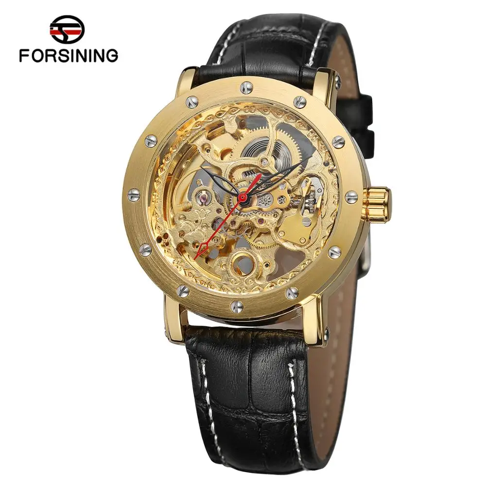 FORSINING Mechanical Watch Circular hollowed-out nail scale Mechanical watch Gold black belt wrist watch