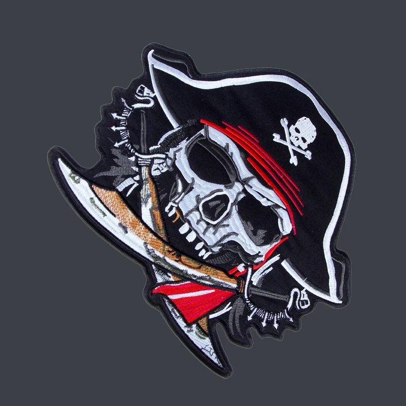 9.6 inches skull pirate duoble Broadsword large Embroidery Patches for Jacket Back Vest Motorcycle Biker 24.5*22.5cm For sewing