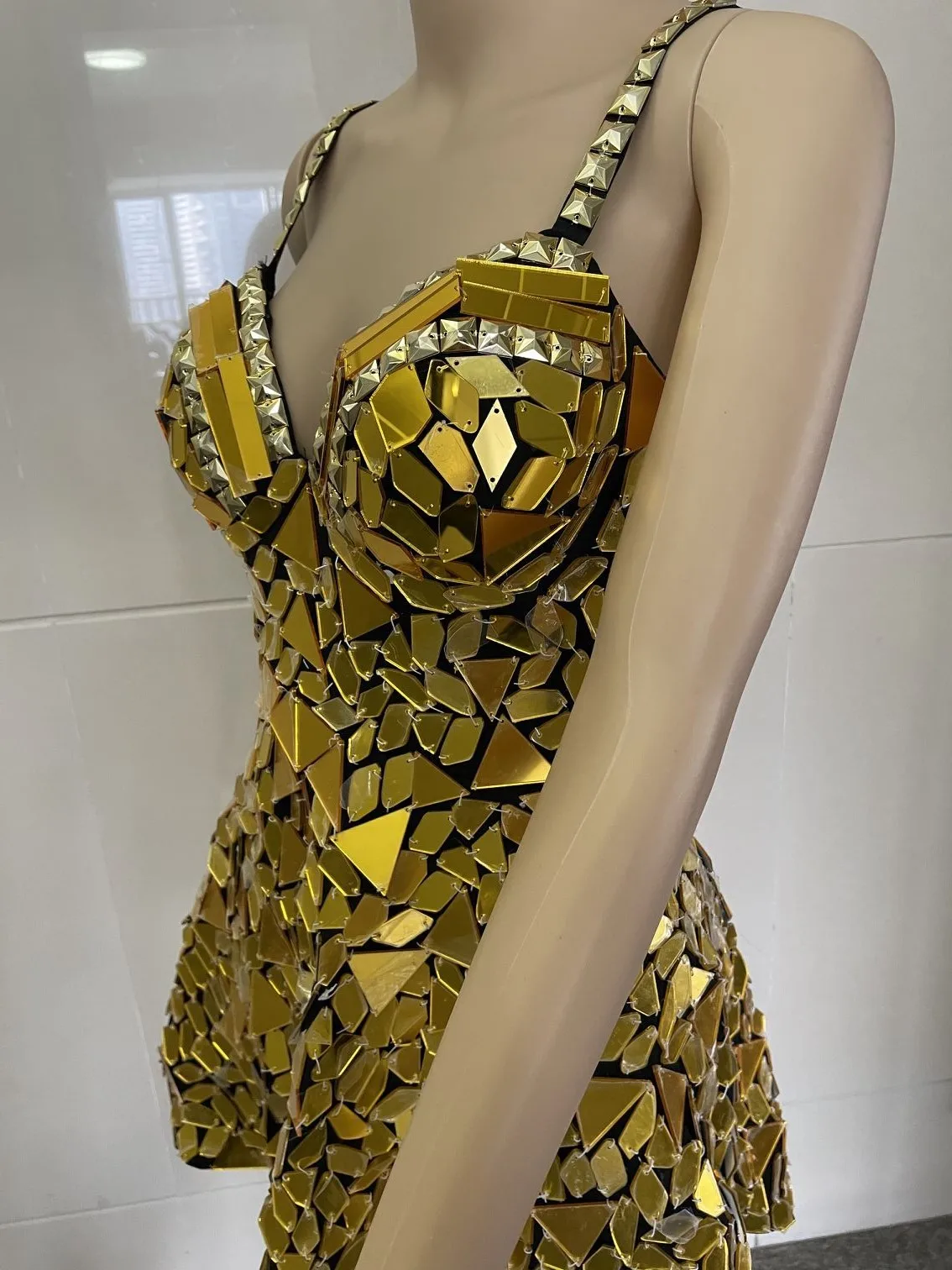 

Синее, золотистое, серебристое, зеркальное платье, Женский костюм певицы для выступления, танца, бара, ночного клуба, сексуальное мини-платье с блестками для вечеринки