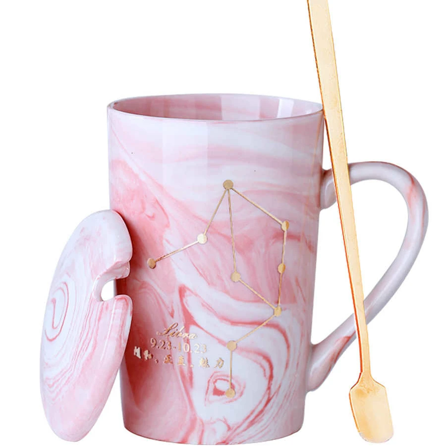 Natural Marble 12 Constellation Ceramic Pink Zodiac Mug With Lid Coffee Mugs Creative Personality Cup 380ml Cups And Mugs Xicara