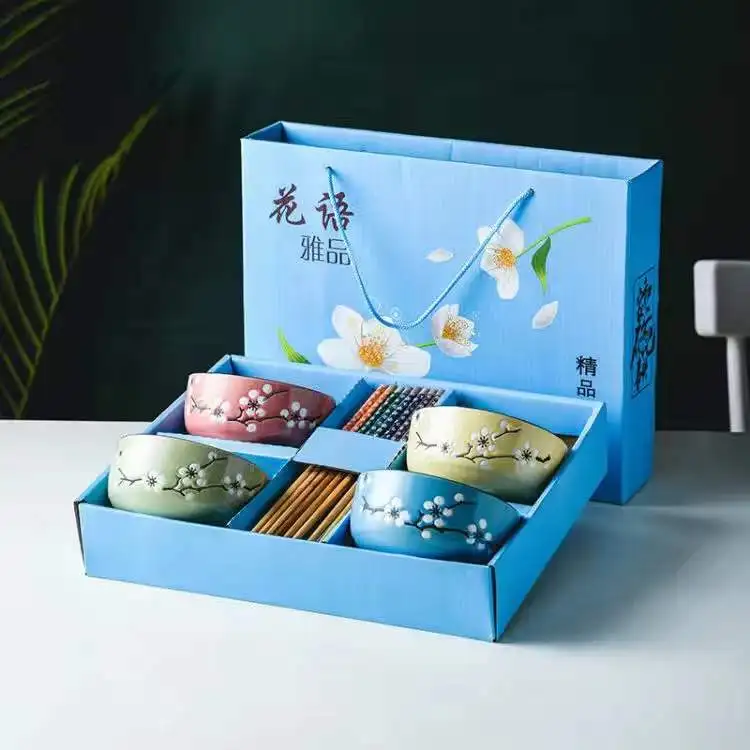 4Pcs/set Ceramic Tableware Lucky Cat Tableware Set Blue and White Porcelain Bowl Ceramic Bowl Gift Box Dinner Sets Bone China