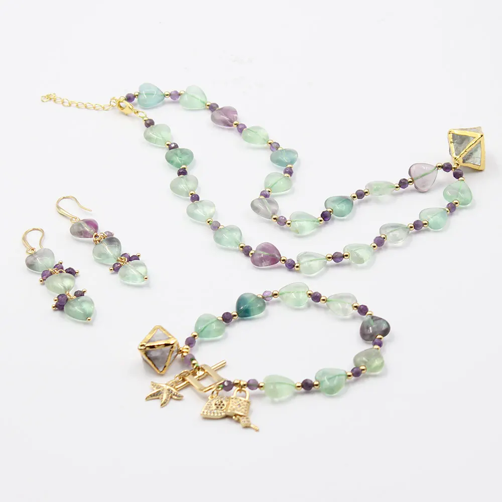 

GuaiGuai Jewelry Natural Green Fluorites Heart Shape Round Amethysts Necklace CZ Pendant Bracelet Earrings Sets For Lady