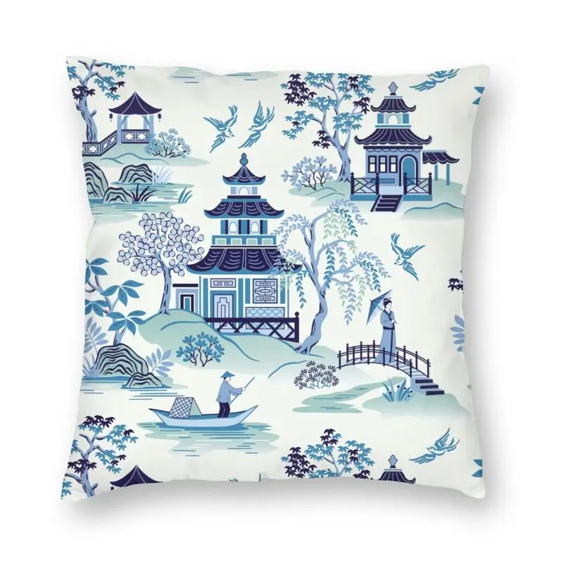 

Chinoiserie Pagoda Blue Antique Willow Ware Cushion Cover 45x45 Home Decorative Printing Oriental Style Throw Pillow for Sofa