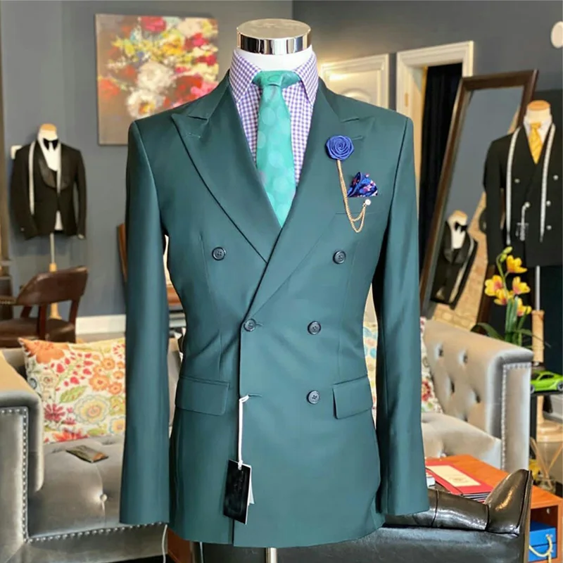 Double Breasted Green Mens Suits 2 Pieces Groom Best Man Pants Suit Business Wedding Tailored Blazer Jacket (Jacket+Pants)