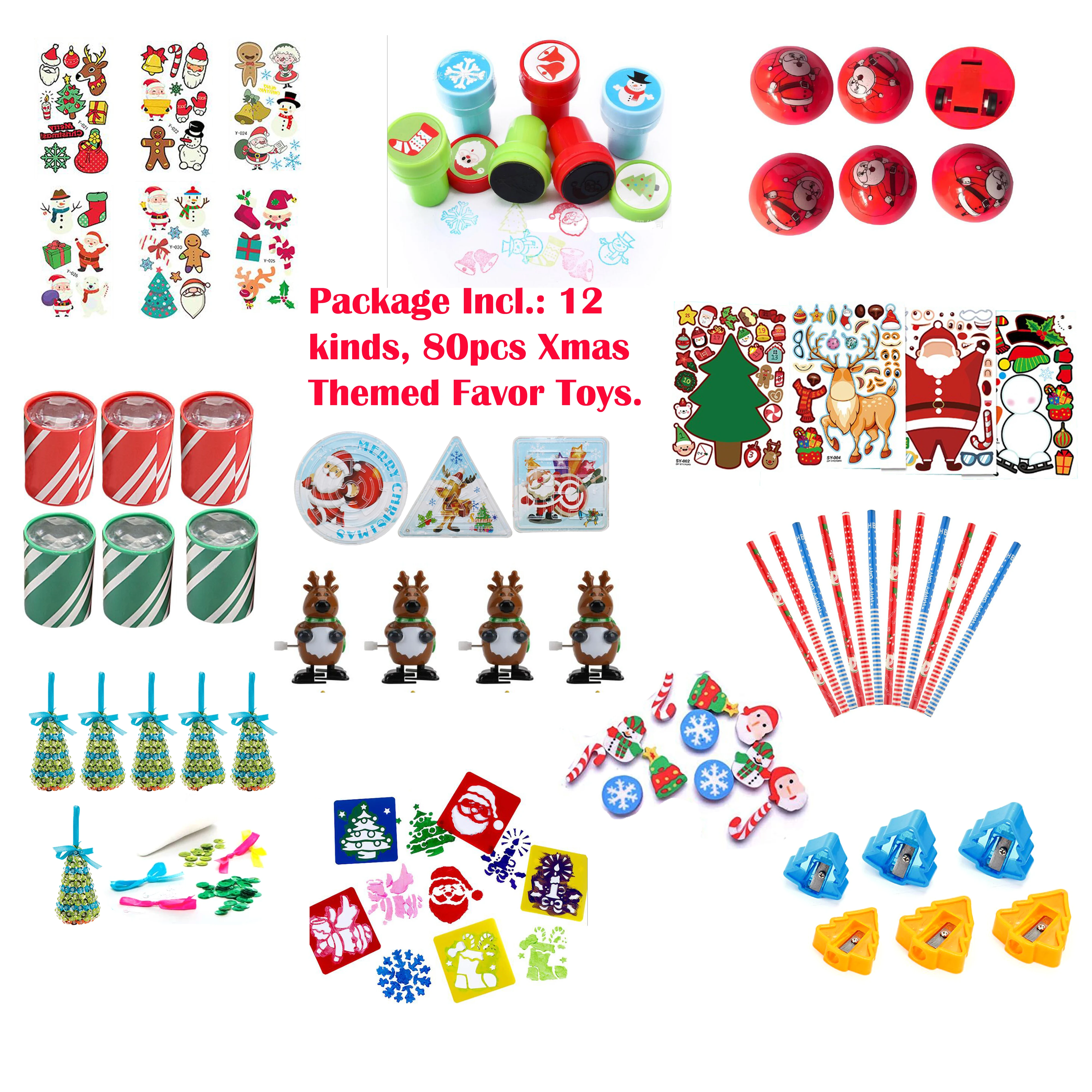 FreeShip Christmas Theme Party Favors Gifts Tree Toys Incl Make a face Stickers Stamp Stencil Tattoo Kids Party Supplies Fillers