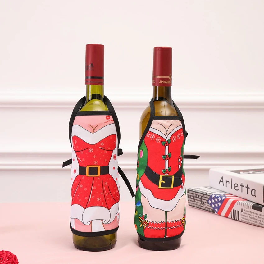 Mini Christmas Apron Wine Bottle Cover Decorative Bib Apron Christmas Wine Bottle Cover Party Dinning Table Decoration