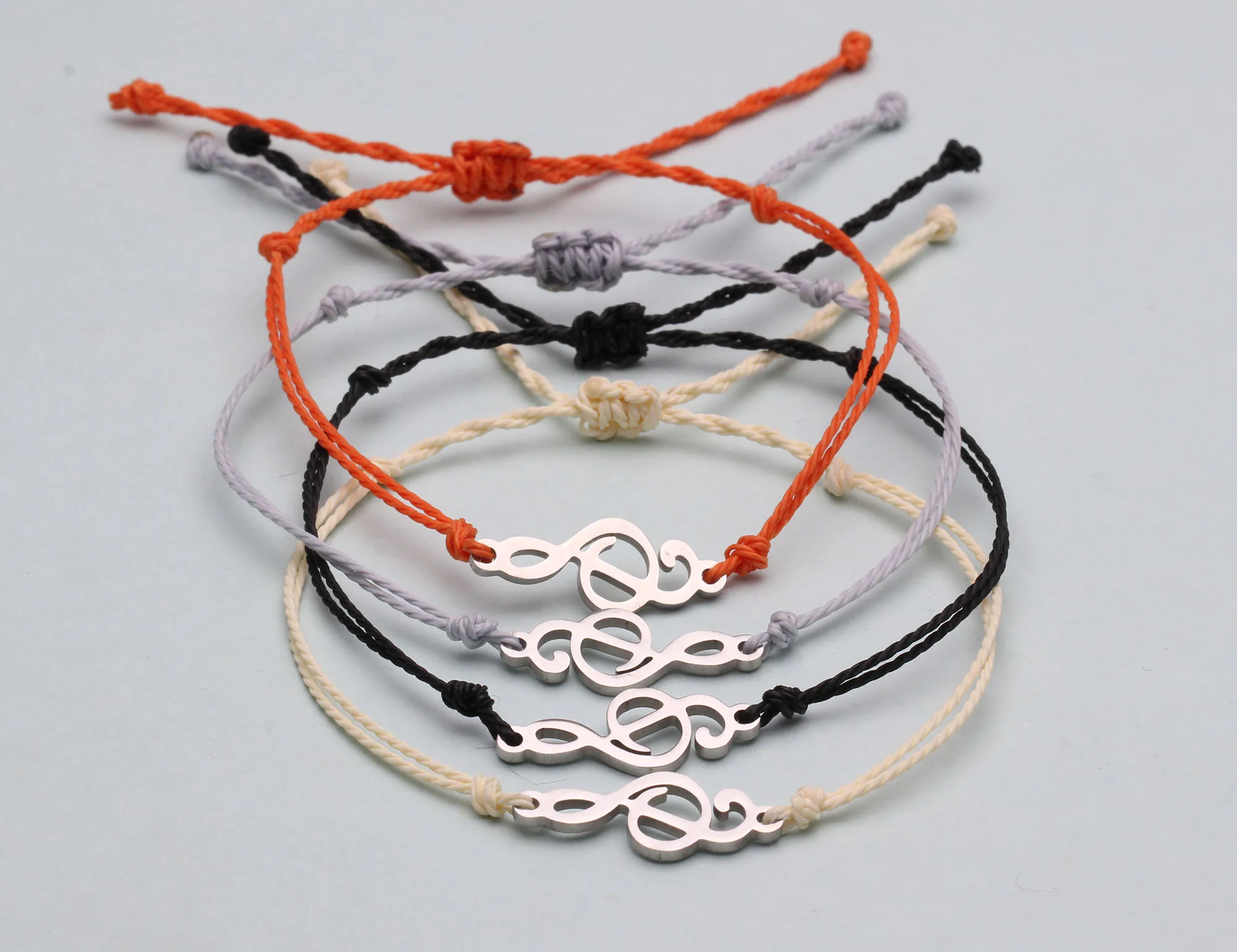 Pretty Cute Stainless Steel Musical Notation Charm Bracelet Women Female Grey Black Beige Wax Coated String Handcrafted Jewelry