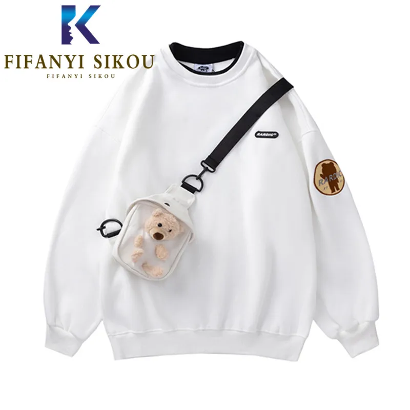 

Autumn Winter Women Sweatshirt Thick Warm Loose Hoodies O-Neck Long Sleeve Pullovers Waist Bag Decoration Fashion Sweatshirts