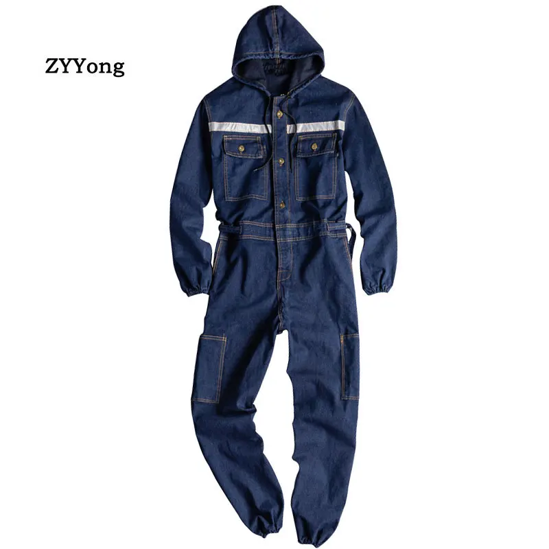 Men Jeans Jumpsuits Bib Overalls Long Sleeve Hooded Multi-Pocket Beam Feet Denim Cargo Pants Fashion Leisure Hip Hop Trousers