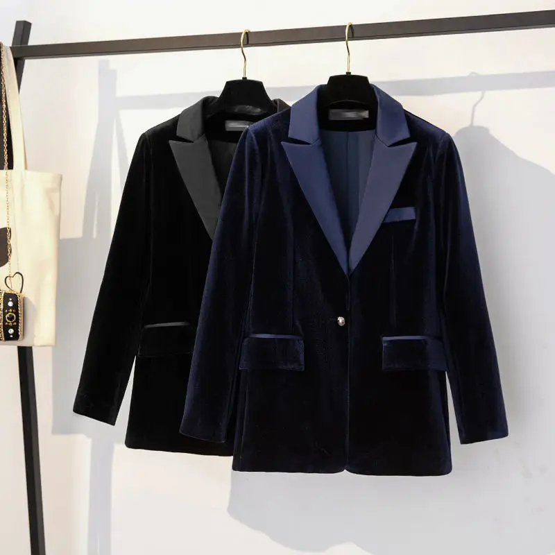 New Korean Style Women's Gold Velvet Blazer - Elegant Autumn Long Sleeve Single Button Coat, Women's Formal Suit Jacket (M834）