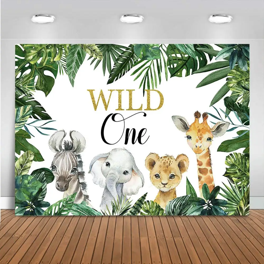 야생 한 배경 녹색 잎 사파리 동물 배경, 정글 동물 야생 한 생일 베이비 샤워 파티 배너