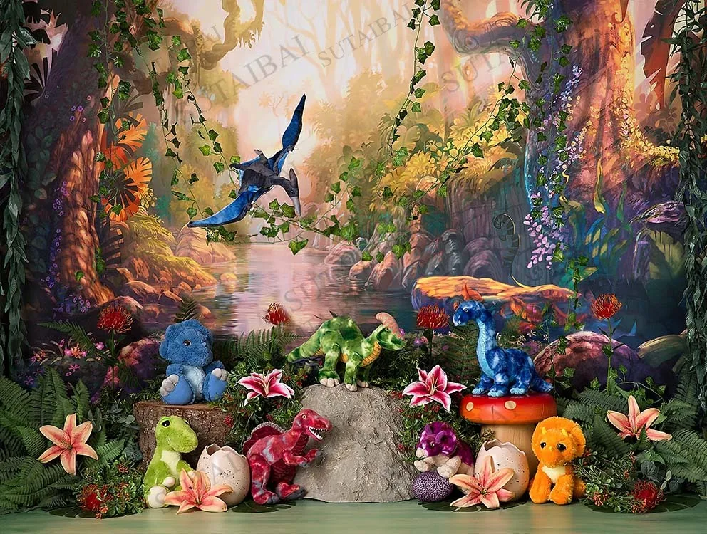 Jurassic Gates Dinosaur Children 1st Birthday Photography Backdrops Jungle Safari Photocall Background Photo Studio