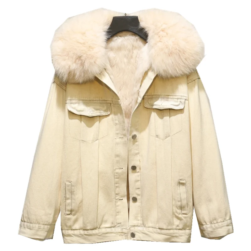 

Embroidered real fox fur collar denim parka coat for women 2023 winter detachable rabbit fur liner fur jacket loose outerwear
