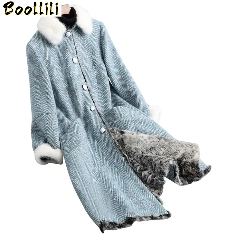 

Real Boollili Luxury Fur Coat Female Long Natural Lamb Fur Lining 2023 Women Winter Tweed Woolen Coats Mink Fur Collar