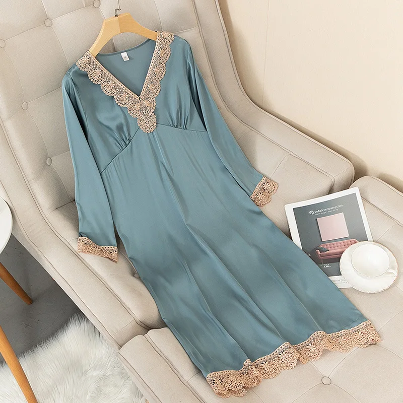 Spring New Satin Long Nightdress Women Sleepwear Lace Nightwear Silky Sleep Dress Home Dressing Gown Soft Intimate Lingerie