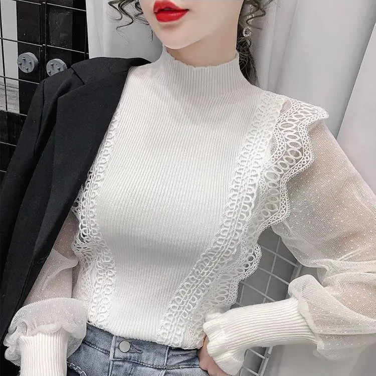 Spring and Autumn New Sweater Slim Mesh Lantern Sleeve Splicing Knitwear Long-sleeved Bottoming Pullover Women