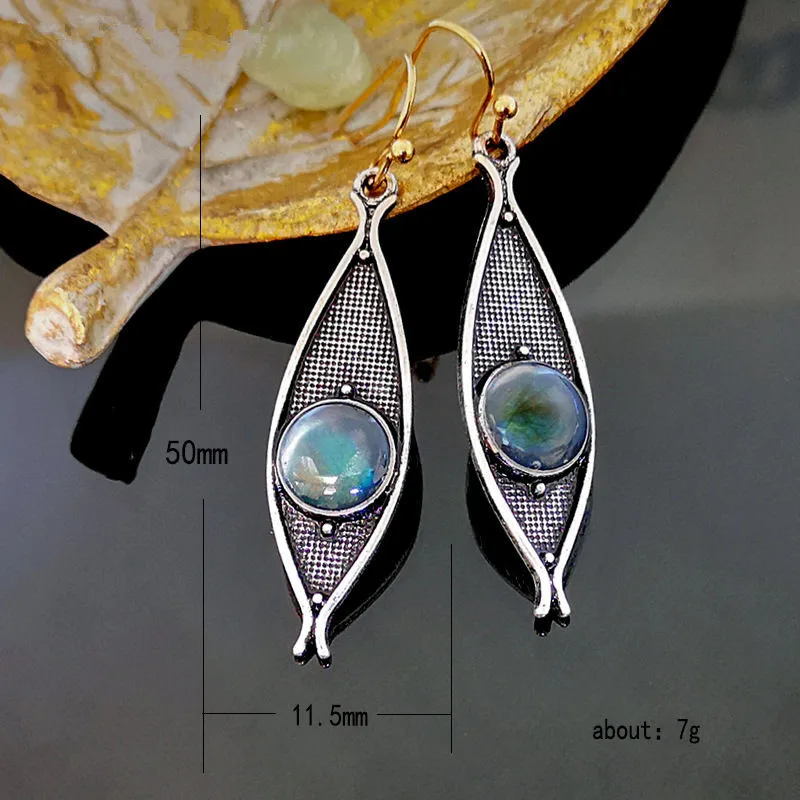 Vintage Blue Opal Resin Stone Earrings For Women Ethnic Tribal Antique Silver Brincos Handmade Metal Fish Hanging Dangle Earings