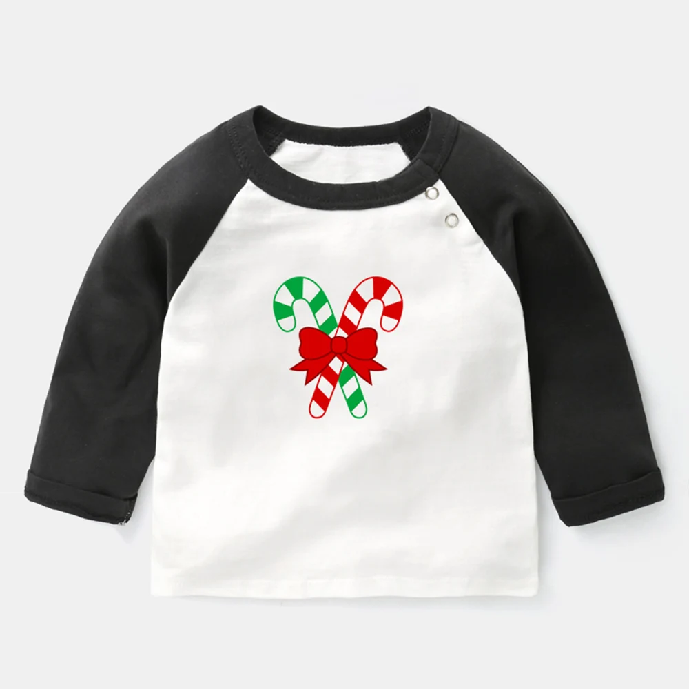 

Merry Christmas Santa's Crutch Design Newborn Baby T-shirts Cute Little Snowman Tree Printing Raglan Color Long Sleeve Tee Tops