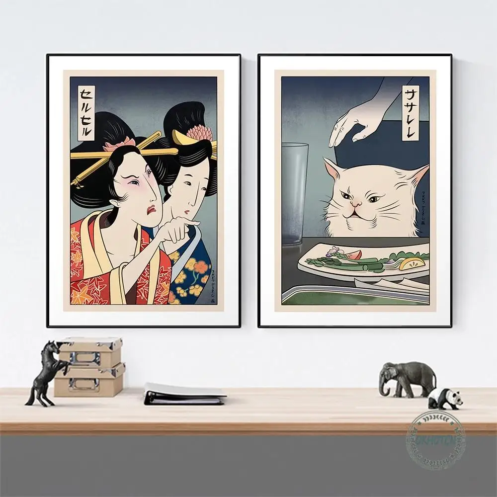 

Funny Cute Canvas Painting Japanese Geisha Woman Yelling At Cat Posters and Prints Wall Art Pictures for Living Room Bedroom