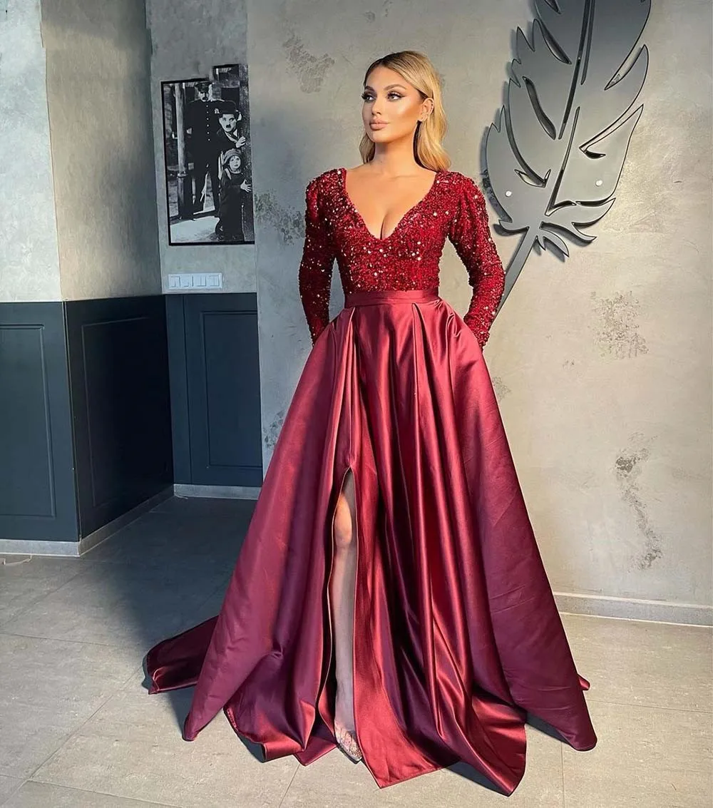 Vinca Sunny Burgund Lange Abendkleider 2022 Sexy V-ausschnitt Mit Langen Ärmeln Glitter Pailletten Top Satin A-line Dubai Frauen Formale Kleider