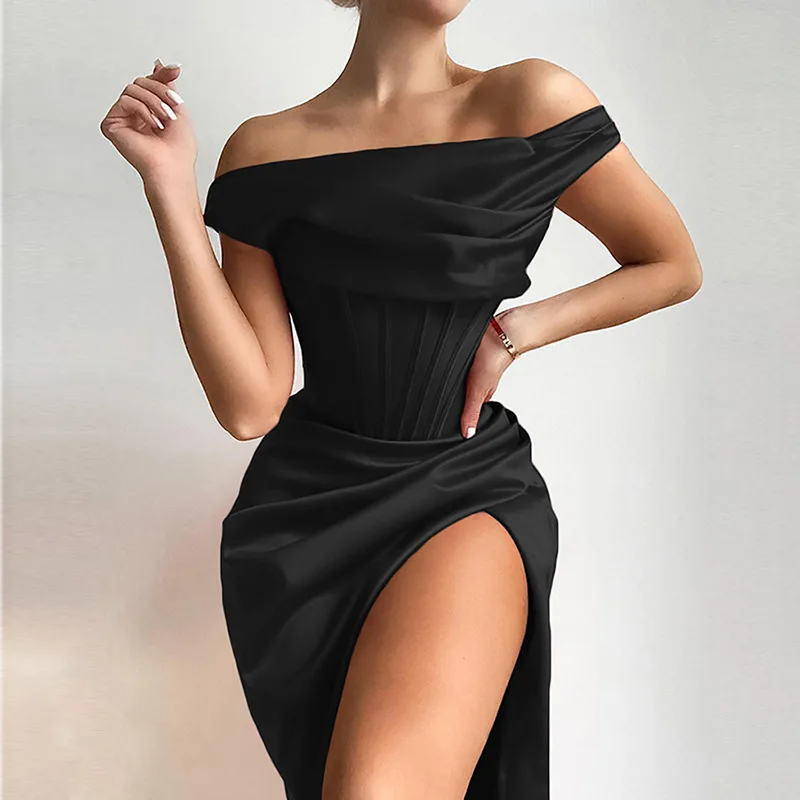 

Women 2023 Summer Sexy Sleeveless Off Shoulder Backless Party Night Club Dress Women New Elegant Fashion Side Thigh Split Dress