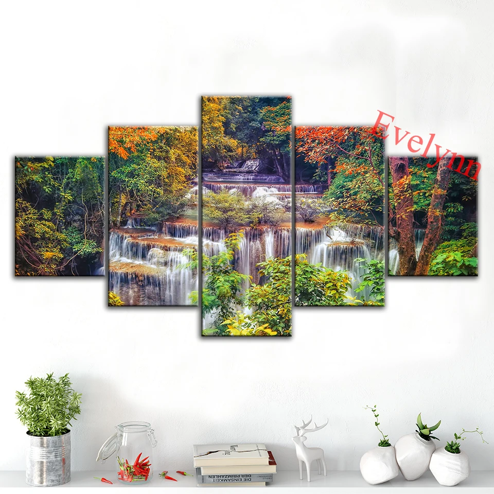 

5 Pieces Waterfall in Autumn Forest Poster Modern Canvas Frame Modular Pictures Wall Art Prints Gifts For Family Decor Painting