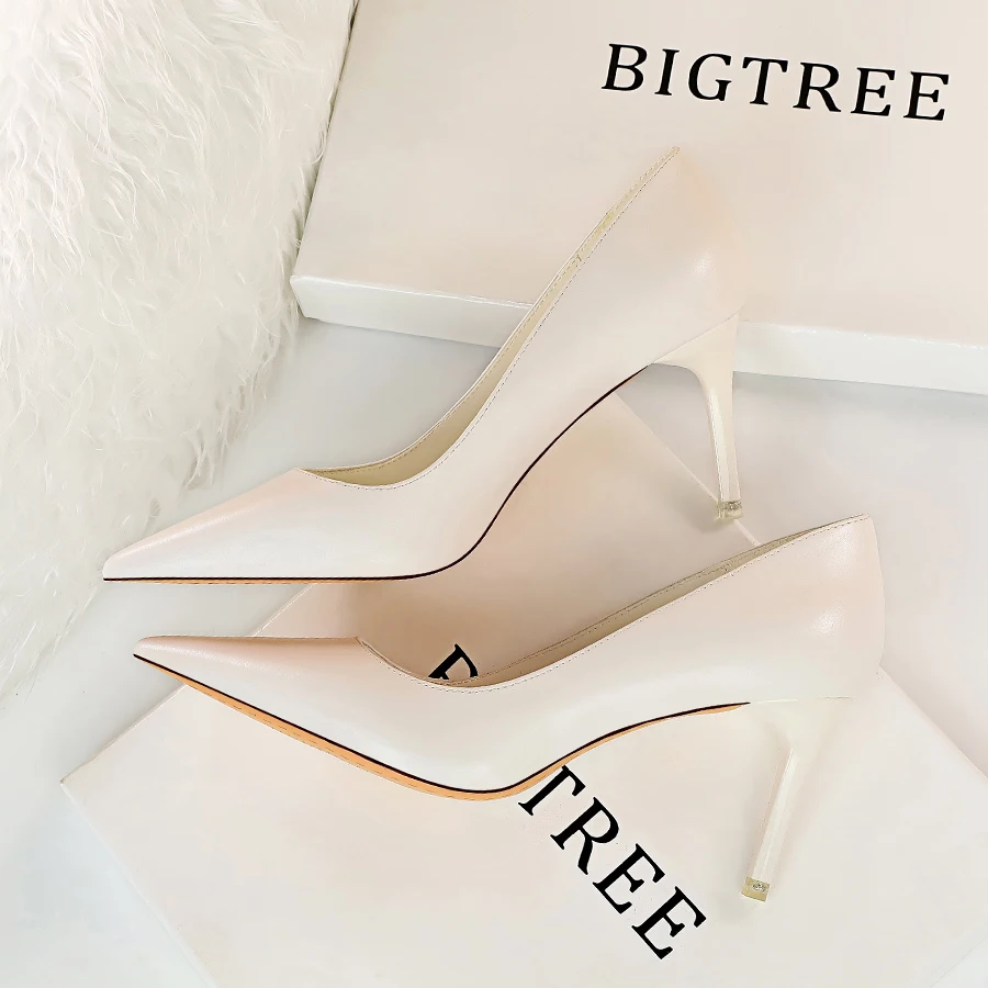 BIGTREE New 7.5cm High thin Heels Women Pumps Pointed Toe Shallow Bridal Wedding Shoes Sexy Ladies Women Shoes Nude High Heels