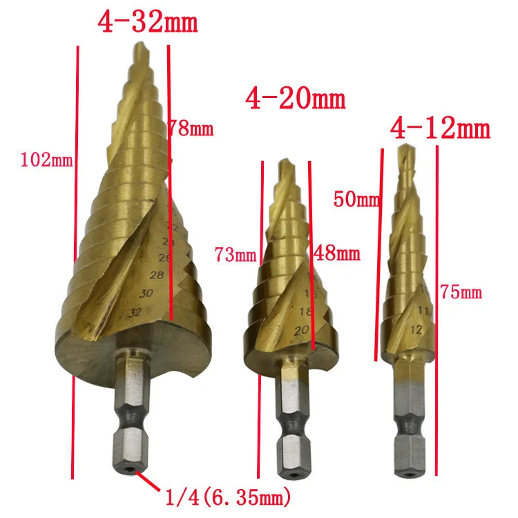 3pcs Golden HSS Helix Spiral Grooved Step Drill Bits Titanium Coated Cut Set Hole Cutter 1/4" Hex Shank