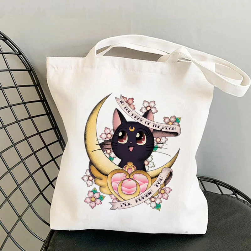 Bolsa shopper feminina da sailor meow on the moon, bolsa harajuku para compras, shopper de lona, bolsa de ombro para menina