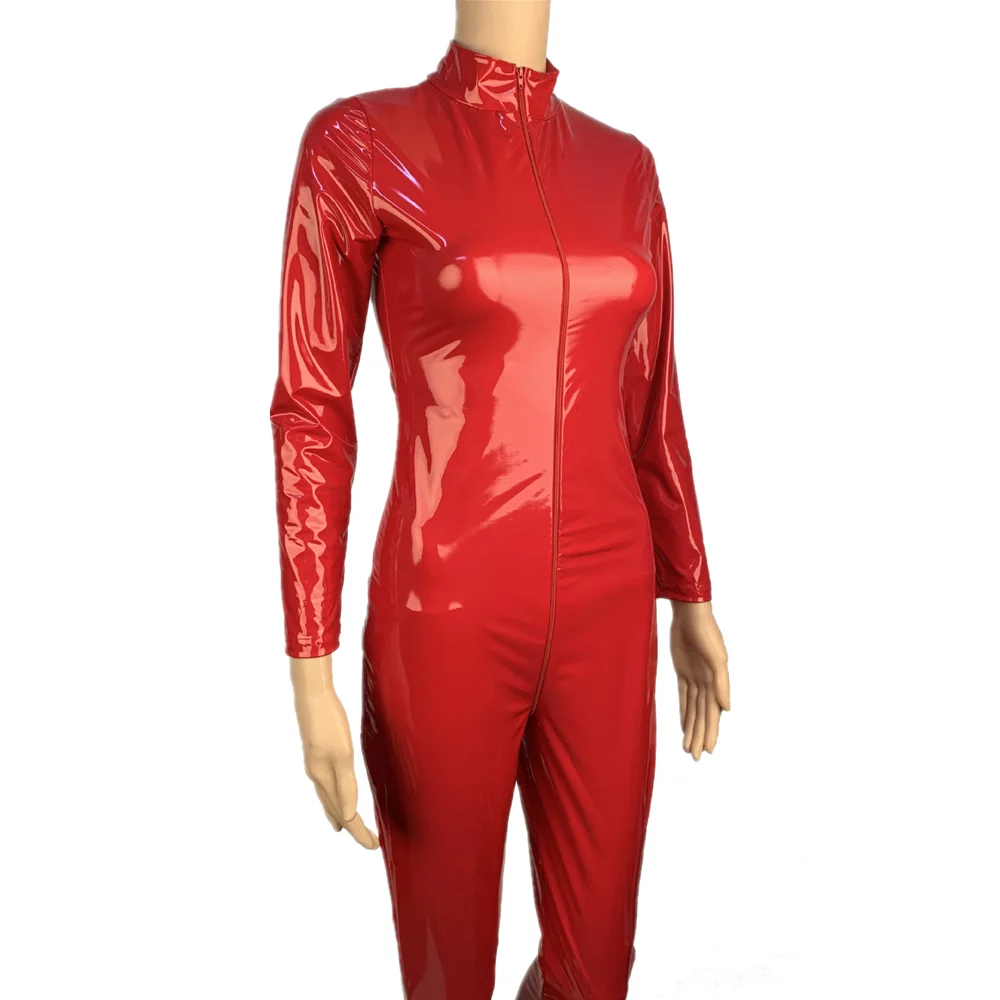 Women PU Faux Leather Jumpsuit Erotic Sexy Shiny Zipper Long Sleeve Wet Look Slim PVC Latex Bodysuit Clubwear Catsuits Costume