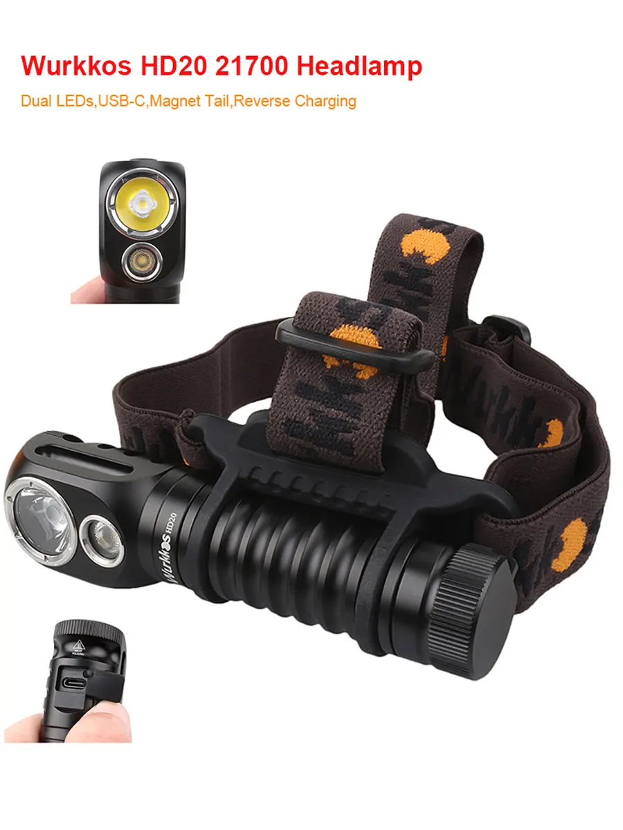 Wurkkos HD20 Stirnlampe Wiederaufladbar 21700 Kopflampe 2000lm Dual-LED USB-C Rückwärtsladung Magnetischer Endverschluss Arbeits- und Campinglampe
