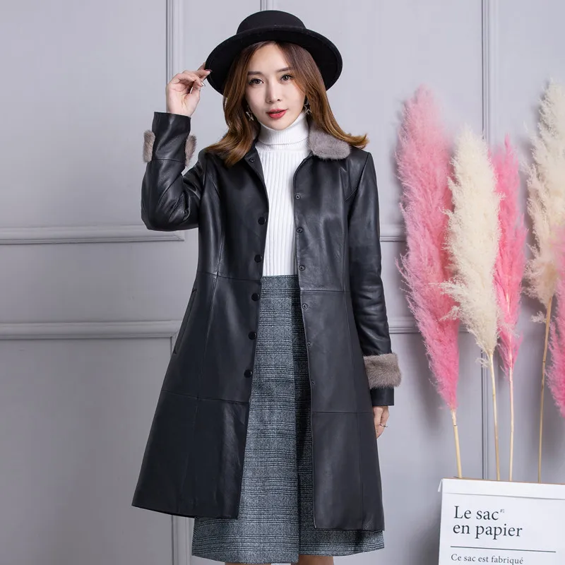 

Winter Genuine Leather Jacket Women Korean Long Real Mink Fur Collar Sheepskin Coat Female Leather Duck Down Coats 733