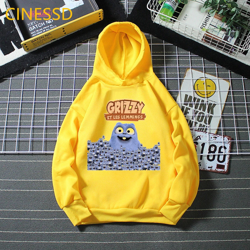 Funny Cartoon Grizzly And The Lemmings Hoodie For Kids Boys Clothes Winter Girls Top Yellow Hooded Sweatshirts Drop Ship 3-13Y