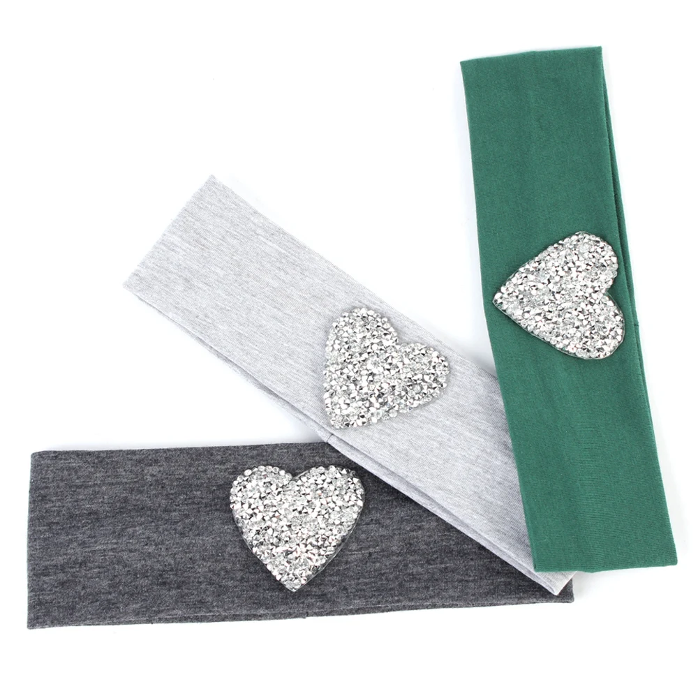 Baby Fashion Soft Headband Silver Rhinestone Heart Headwear Newborn DIY Elastic Turban With Applique Children's Hair Accessories