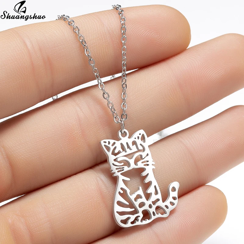 Shuangshuo Vintage Korean Long Cat Necklace Stainless Steel Chain Necklace Pendant Jewelry for Women Pet Aniaml Kolye Collares