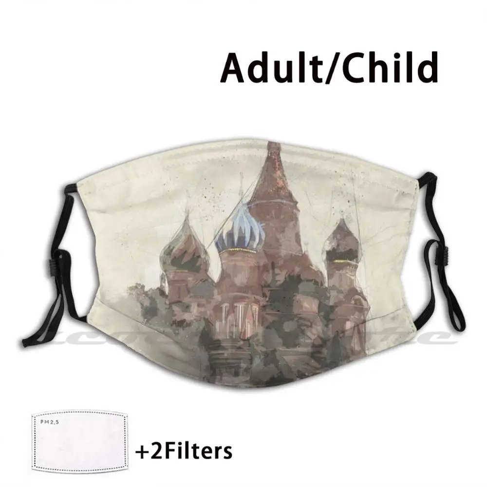 Watercolor Moscow Mask Cloth Reusable Print Filter Washable Church World District Basils St Basil Kremlin Religion Red Travel