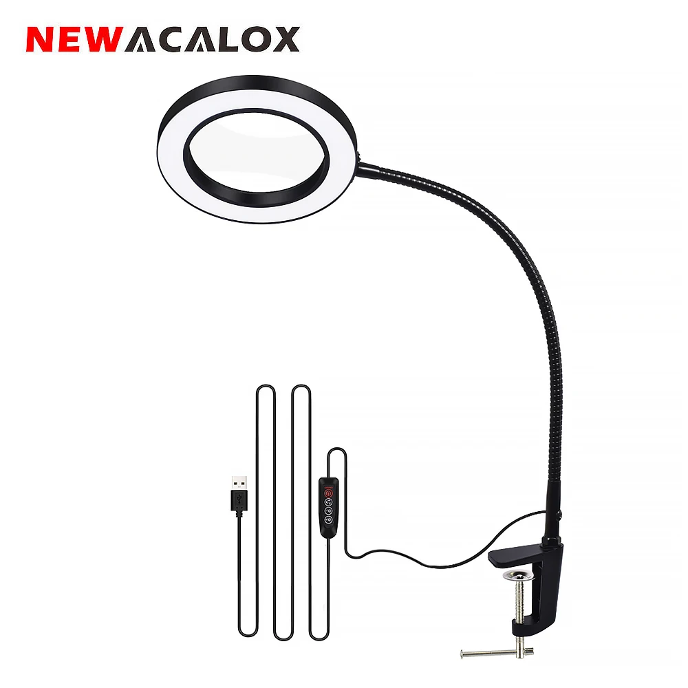 

NEWACALOX USB 5X Magnifying Glass Table Clamp Magnifier with LED Light Flexible Desk Lamp for Reading Working Welding Work