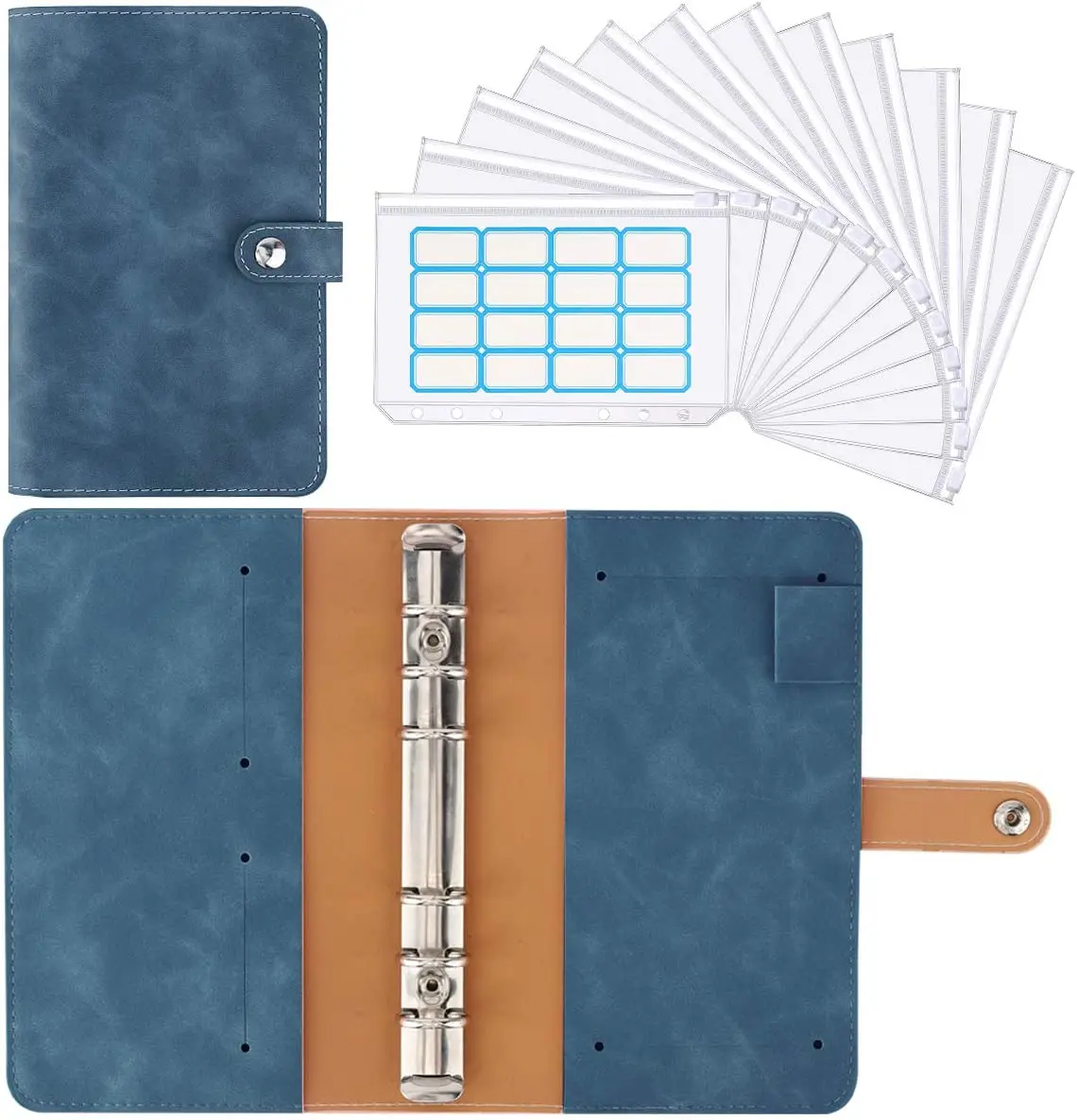 A6 Binder PU Leather Budget Planner Refillable 6 Round Rings Binder Cover Notebook Folder with 12 PCS Clear Plastic Envelopes