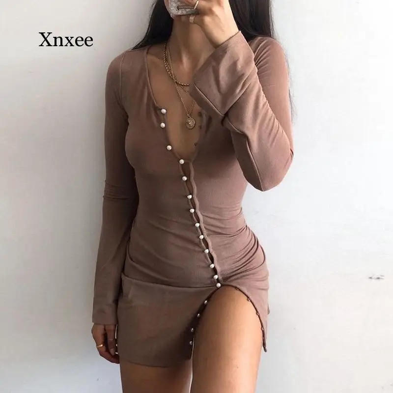 Long Flare Sleeve Button Up Patchwork Bodycon Sexy Mini Dress Spring Autumn Women Fashion Outfits Club Wear Clothing