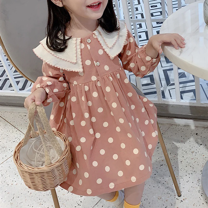 Autumn Girls Dress Fashionable Doll Collar 2021 New Clothing Children Long Sleeve Polka Dot Princess Dress For Girls