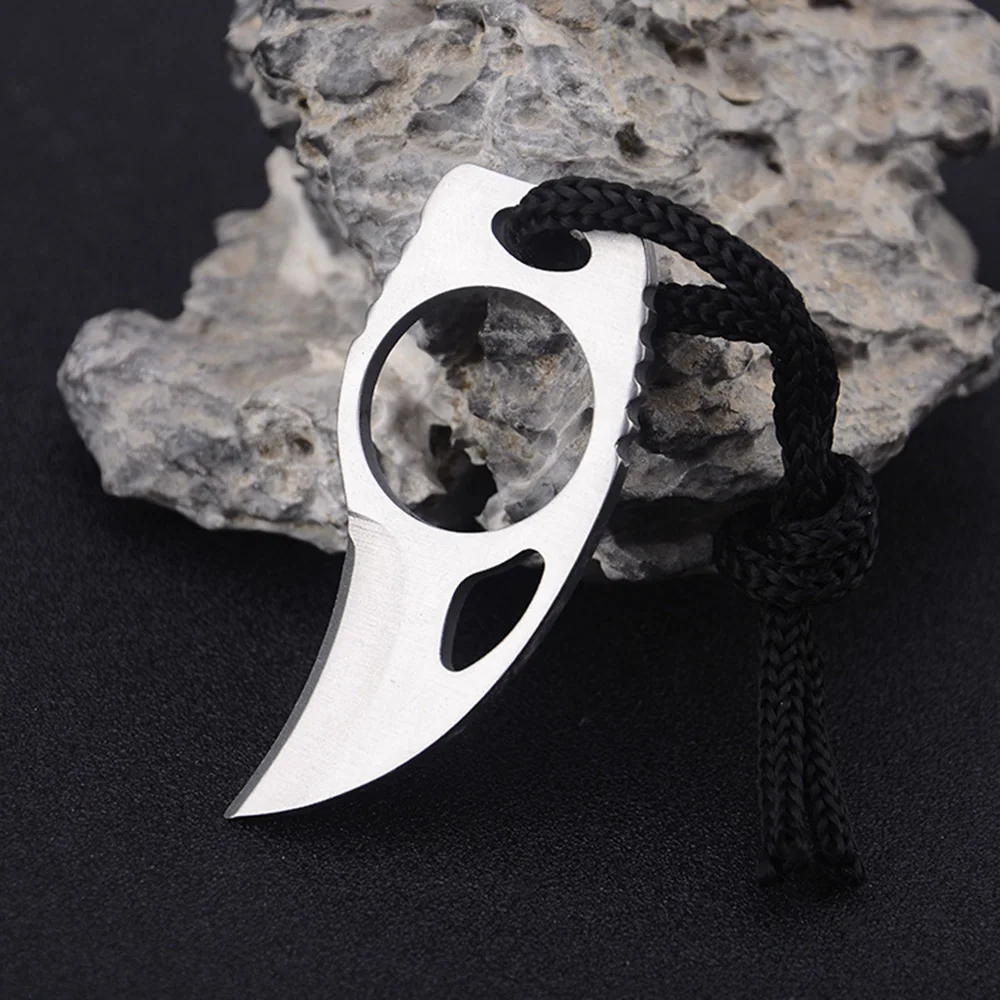 Outdoor Camping Carabiner Survival Finger Claw Knife Hook Fixed Ring Card EDC Tool Mini Pocket Knife with Leather Sheath