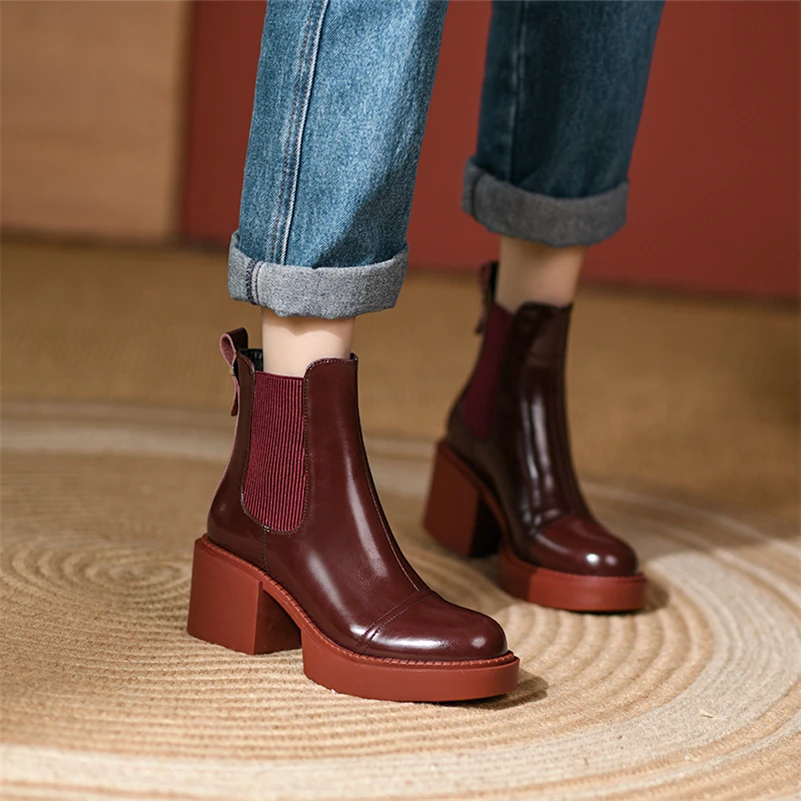 Meotina Women Shoes Genuine Leather Ankle Boots Platform Thick High Heel Boots Round Toe Ladies Footwear 2021 Autumn Winter 40