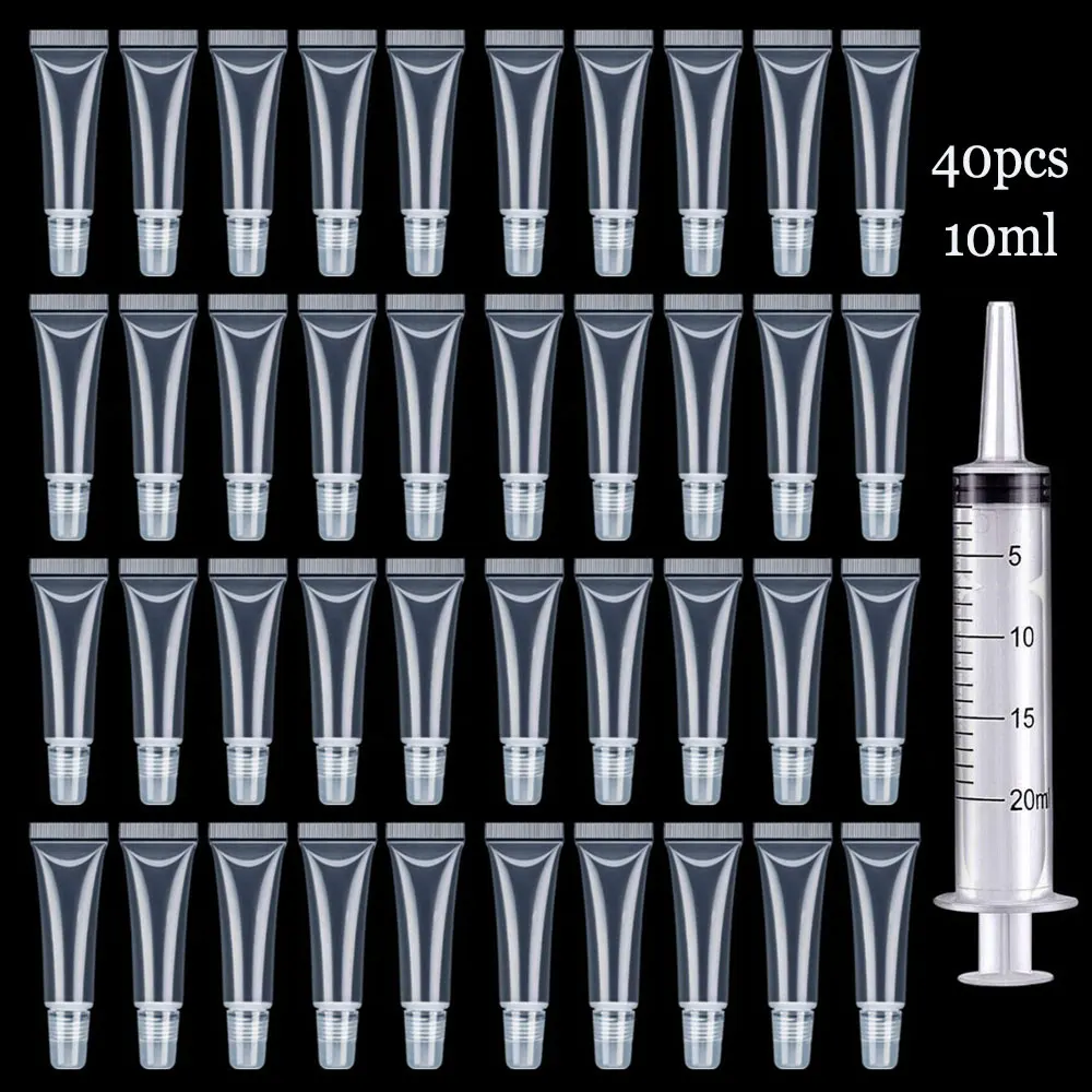 

40pcs 10ml Squeeze Lip Gloss Tube Container Refillable Bottle Clear Lip Gloss Base Diy With Syringe Pipette Wholesale